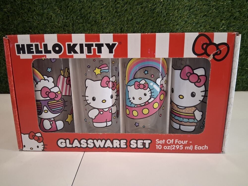 Hello Kitty Glassware Set 4 Pack 10 oz Tumbler Glasses Silver Buffalo Sanrio New